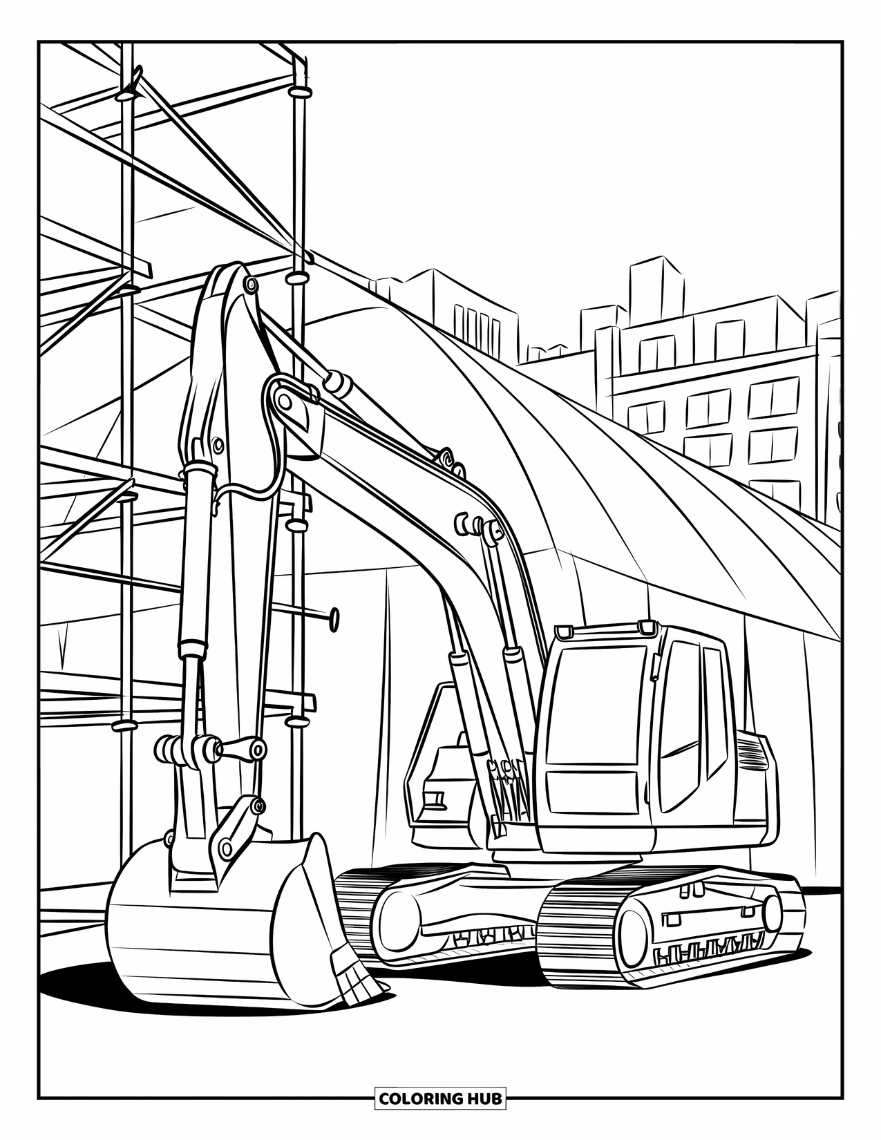 Excavator Coloring Page for Kids: An excavator is parked near scaffolding and a building with a city skyline behind