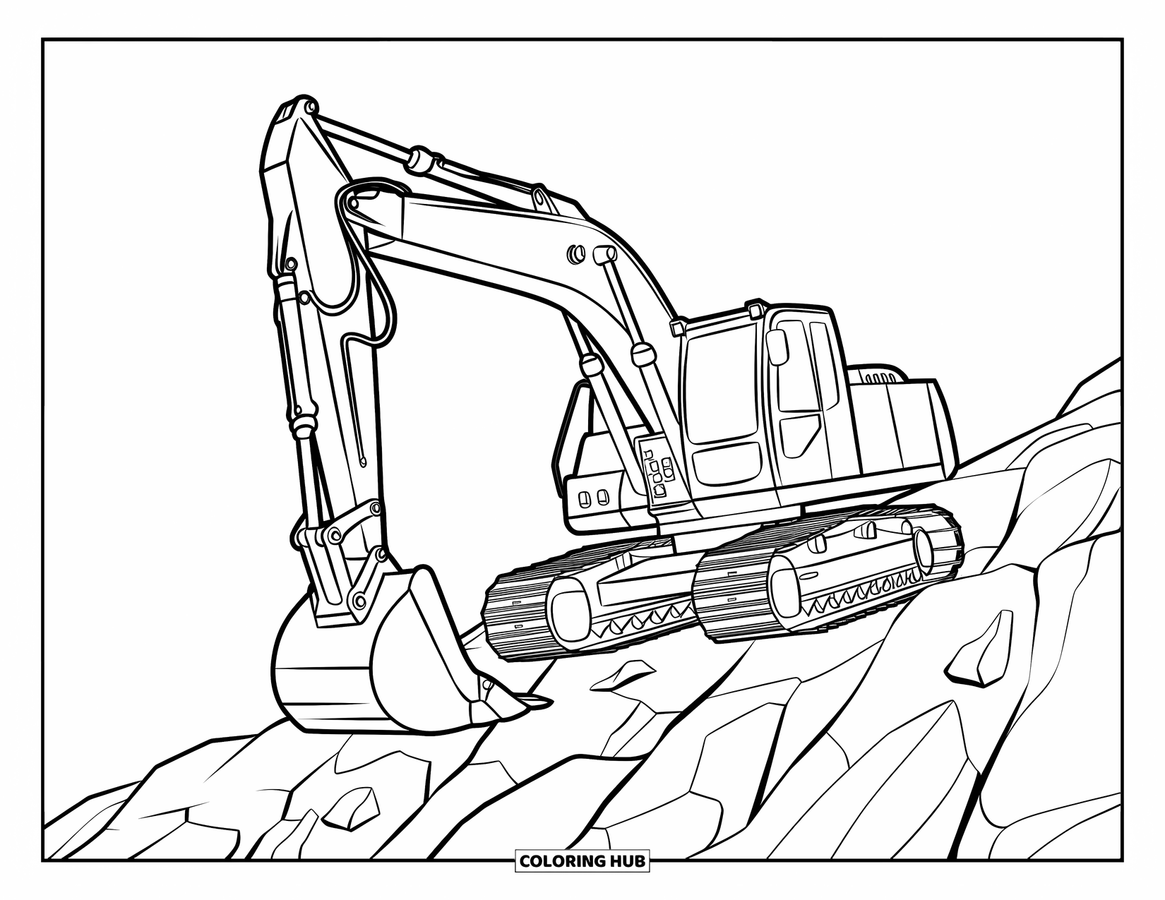 Excavator Coloring Page for Kids: An excavator is parked on a rocky slope with boulders scattered around