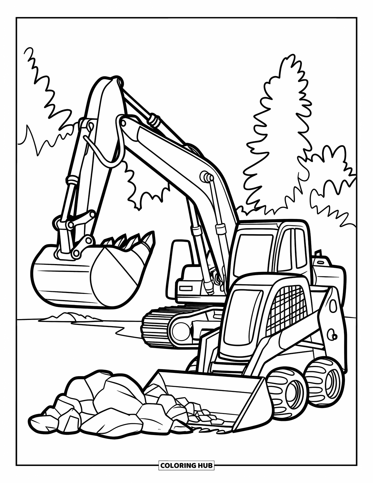 Excavator Coloring Page for Kids: An excavator lifts a rock while a loader pushes dirt beside trees
