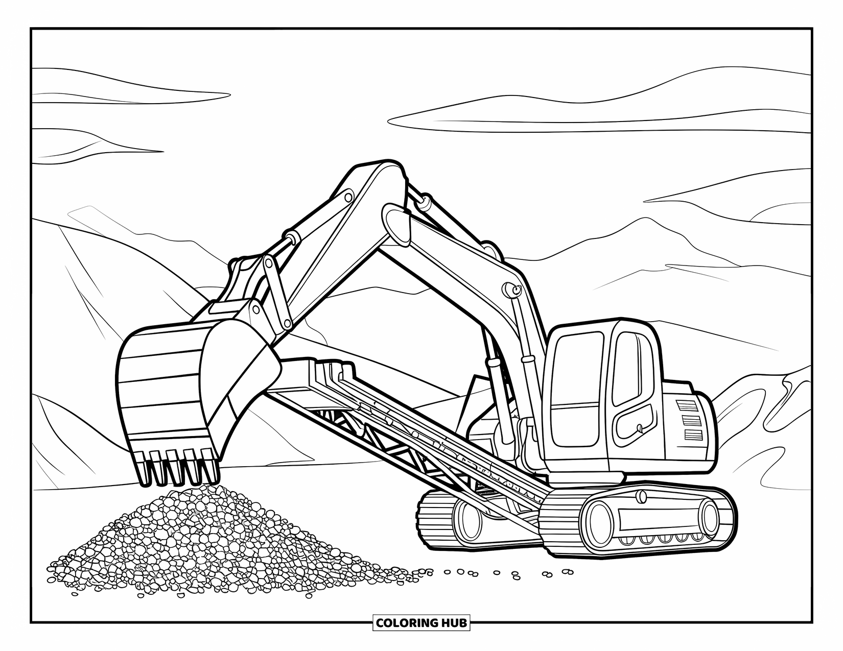 Excavator Coloring Page for Kids: An excavator pushes gravel to a conveyor belt with mountains in the background