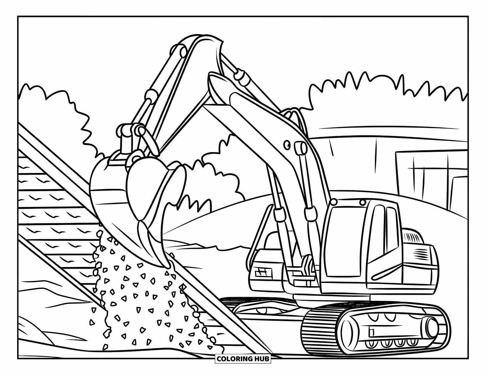 Excavator Coloring Page for Kids: An excavator pushes gravel toward a conveyor belt near trees and a building