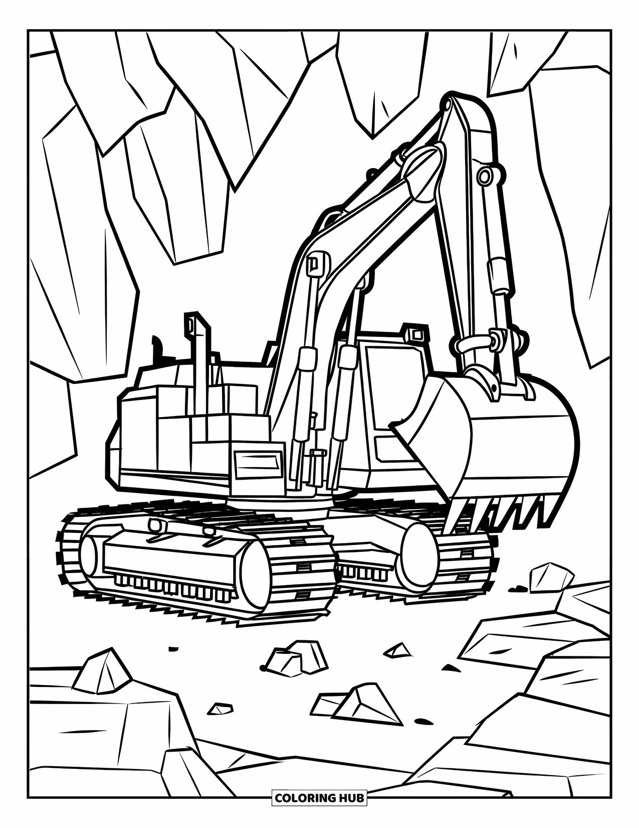 Excavator Coloring Page for Kids: An excavator rolls over rocks with its oversized wheels