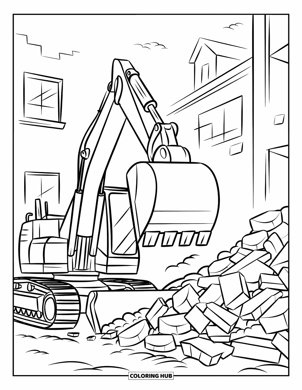 Excavator Coloring Page for Kids: An excavator scoops rubble near a building with windows and a nearby debris pile