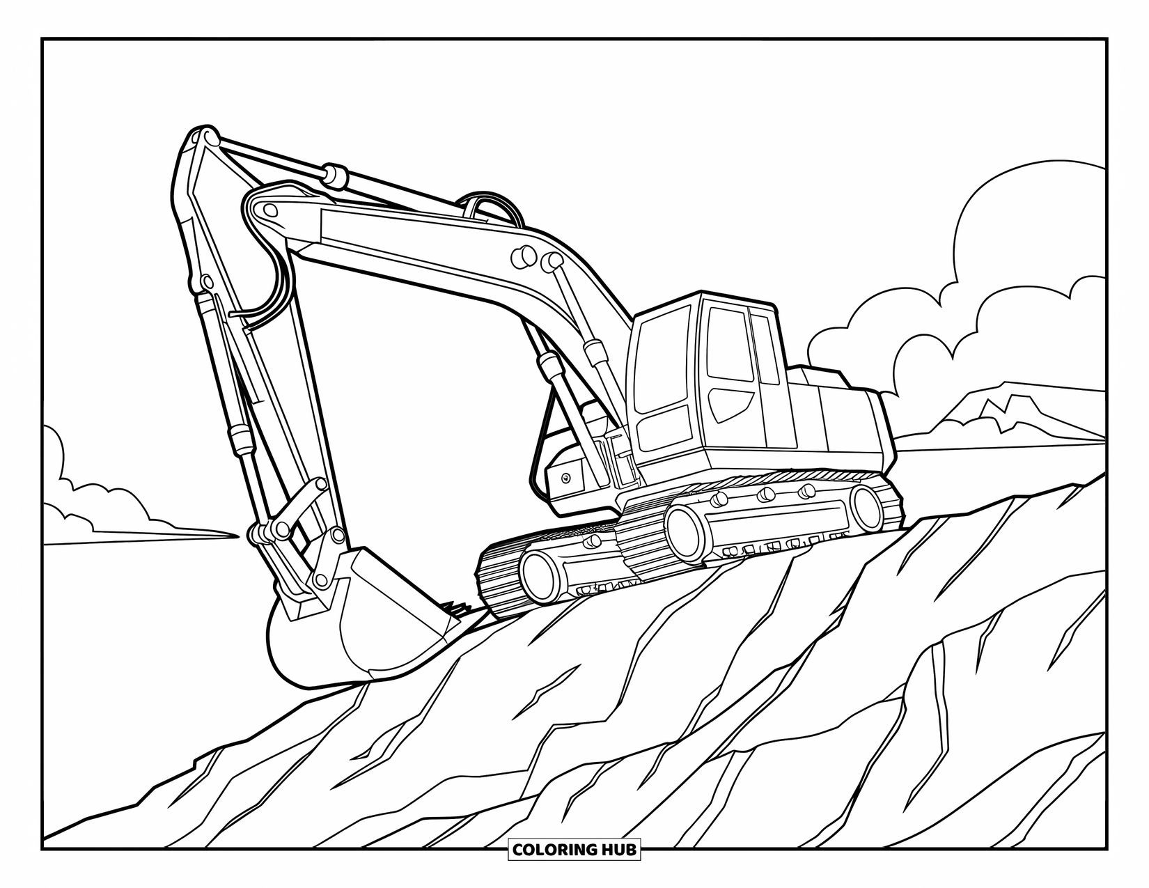 Excavator Coloring Page for Kids: An excavator sits on rocky ground beneath clouds and a clear sky