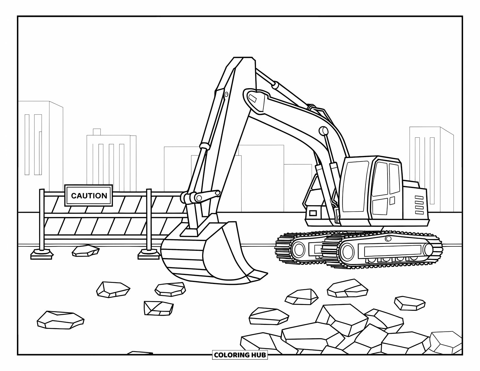 Excavator Coloring Page for Kids: An excavator with a raised bucket works near a "Caution" sign and city buildings