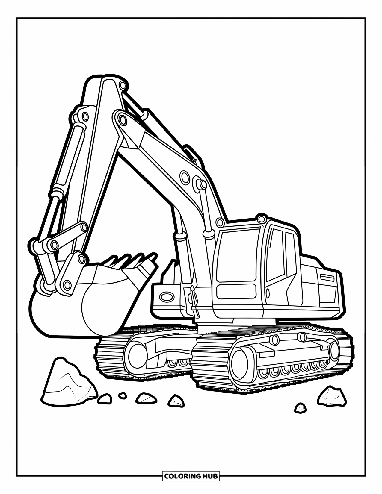 Excavator Coloring Page for Kids: An excavator with chunky wheels rests among scattered little rocks