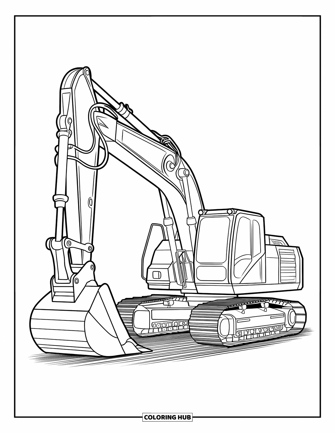 Excavator Coloring Page for Kids: An excavator with front and rear tools rests on a rough surface in profile view