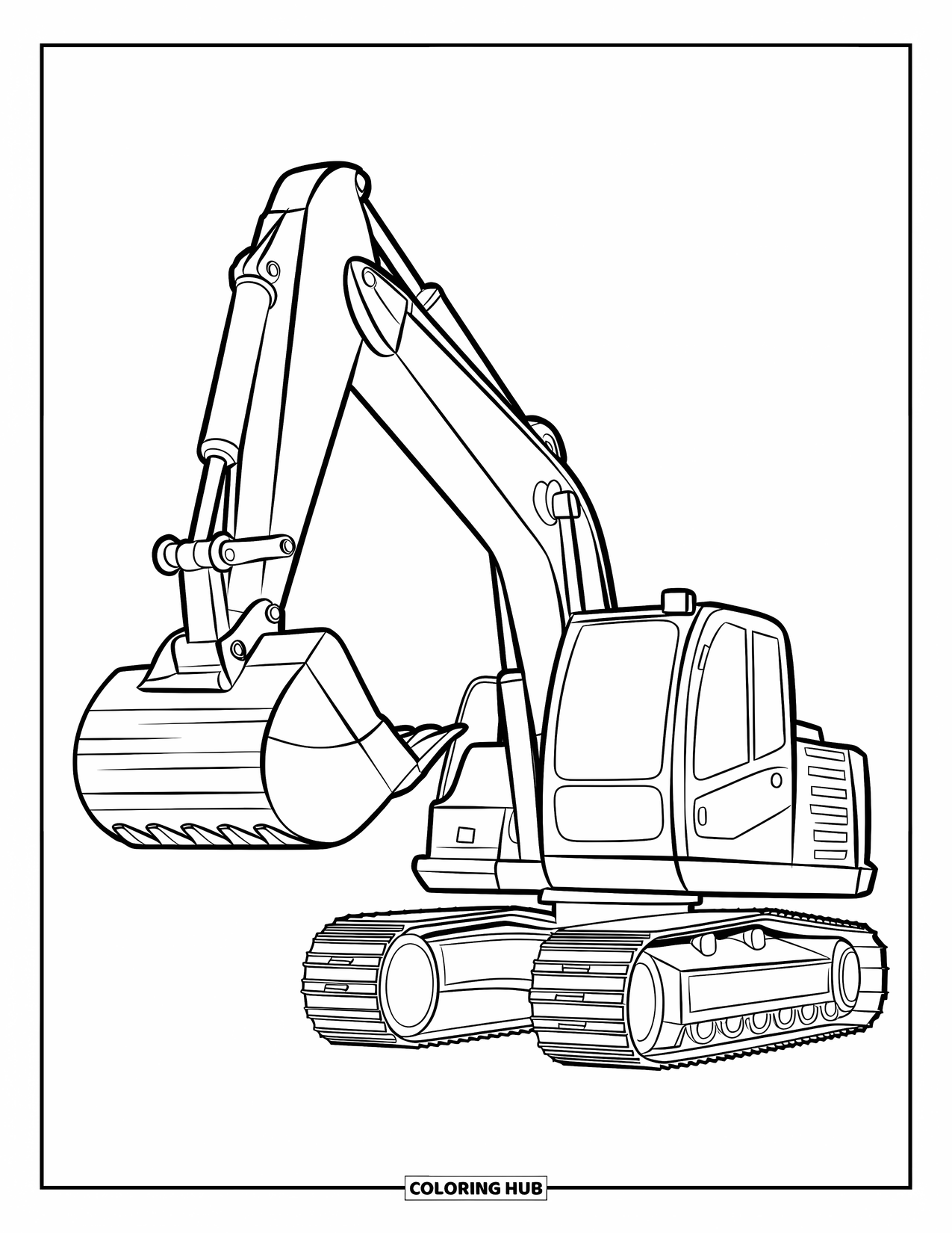 Excavator Coloring Page for Kids: An excavator with visible gears lifts wood in a modern, expressive design