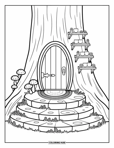 Coloriage de jardin féerique pour adultes : Une porte de tronc d'arbre douillette avec des marches en galets, des champignons et des étagères de jardin suspendues