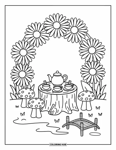 Coloriage de jardin féerique pour adultes : Un goûter couvert de marguerites avec une table en souche, des tabourets en amanite et des tasses en gland
