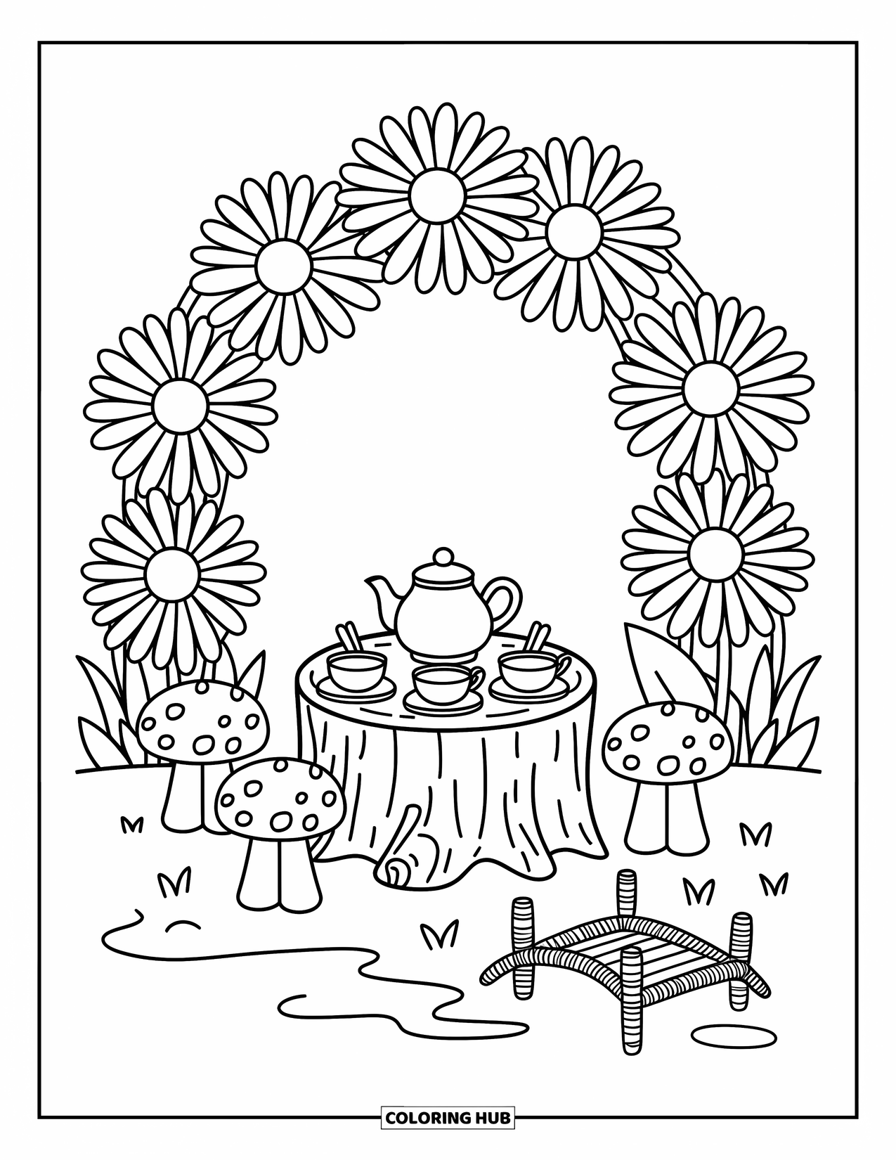 Fairy Garden Coloring Page for Adults: A daisy-covered tea party with a stump table, toadstool stools, and acorn cups