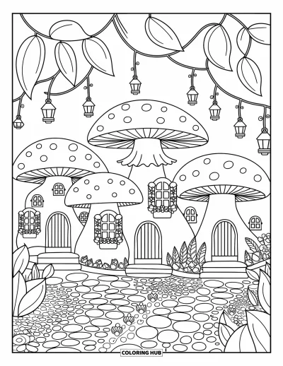 Coloriage de jardin féerique pour adultes : Un quartier de fées s'épanouit dans des champignons avec des escaliers sinueux et des plantes en pot