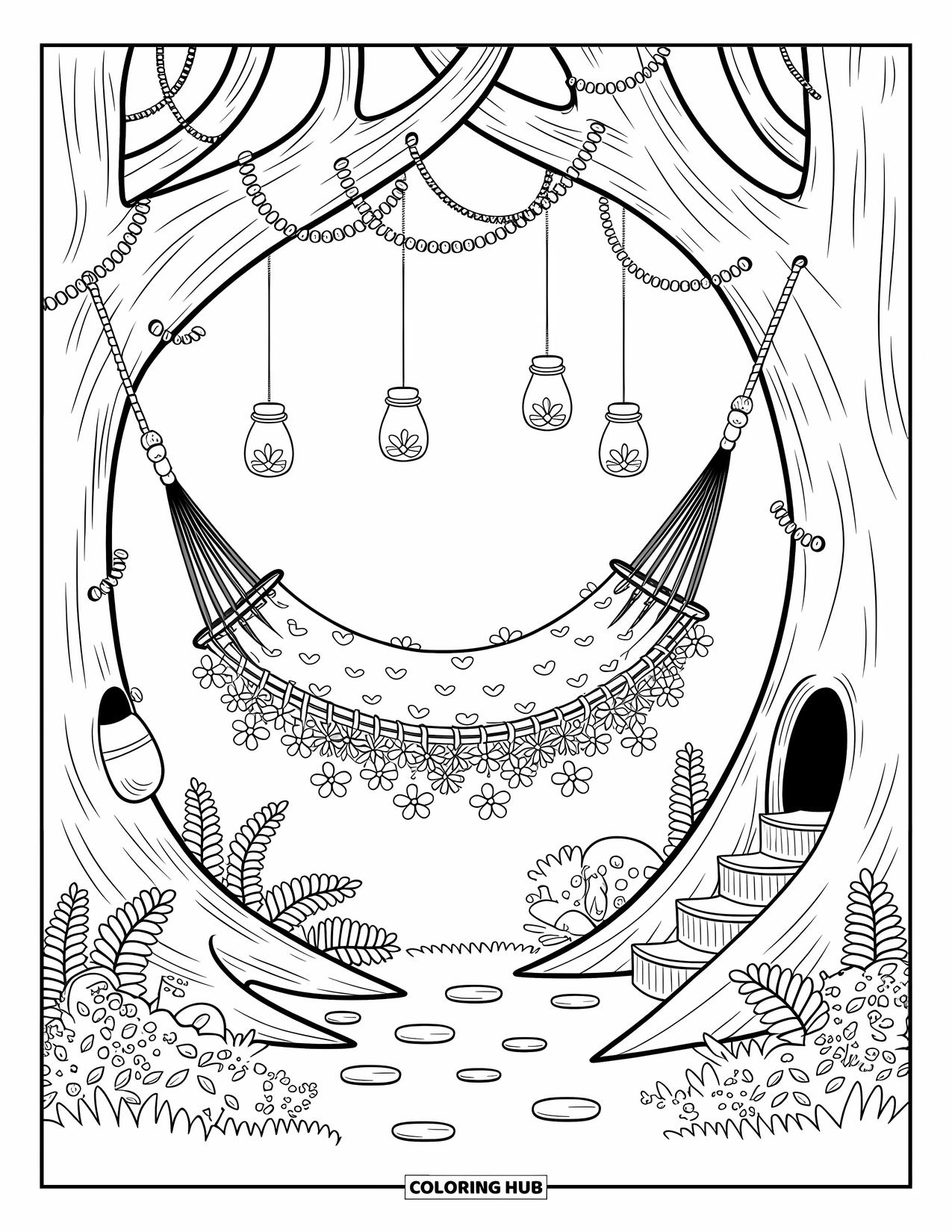 Fairy Garden Coloring Page for Adults: A flower petal hammock hangs between trees with firefly jars and a tiny staircase