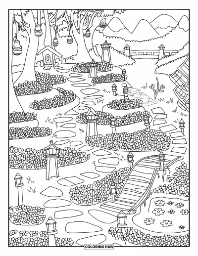 Coloriage de jardin féerique pour adultes : Un jardin avec des ponts, des lanternes flottantes et des allées sinueuses est situé près d'un étang