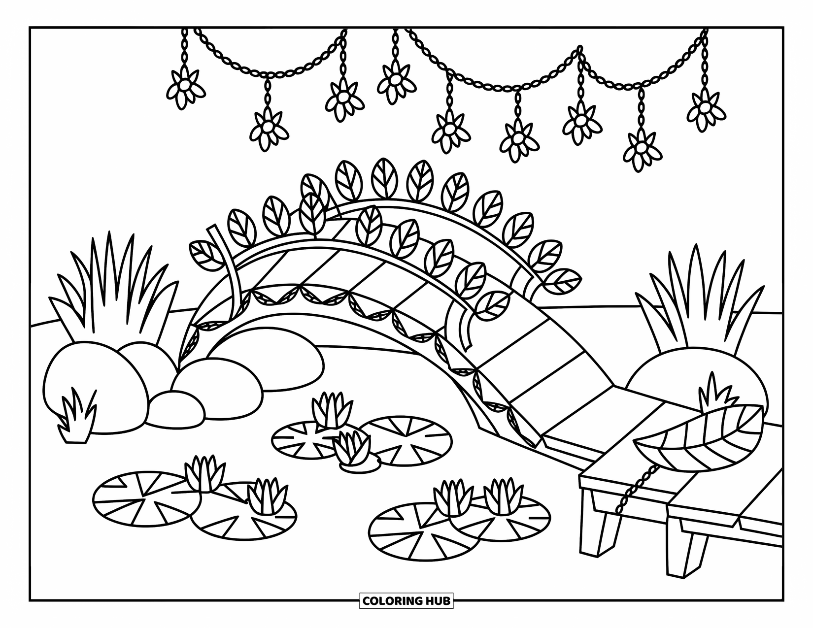 Fairy Garden Coloring Page for Adults: A leaf-railed bridge crosses a pond with lanterns, lily pads, and a tiny dock