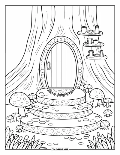 Coloriage de jardin féerique pour adultes : Une porte de fée en mousse accueille les visiteurs avec des marches en galets et de mignonnes petites étagères