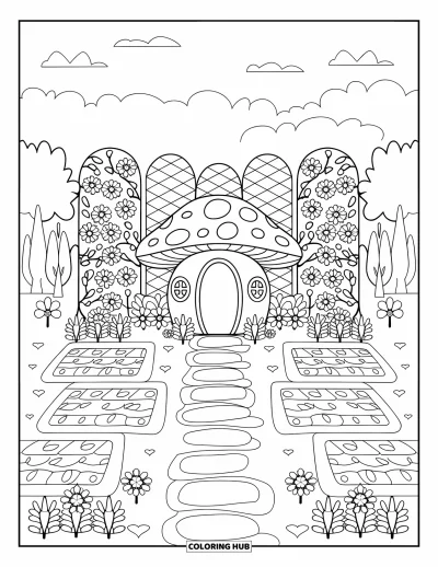 Coloriage de jardin féerique pour adultes : Un jardin de champignons avec des allées à motifs et des arches fleuries sous un ciel doux
