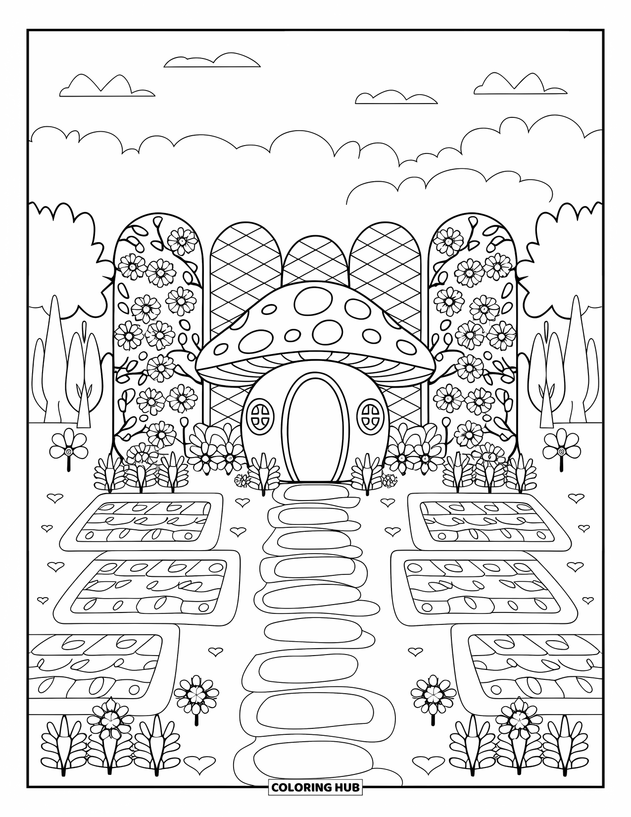 Fairy Garden Coloring Page for Adults: A mushroom garden with patterned paths and floral arches under a soft sky