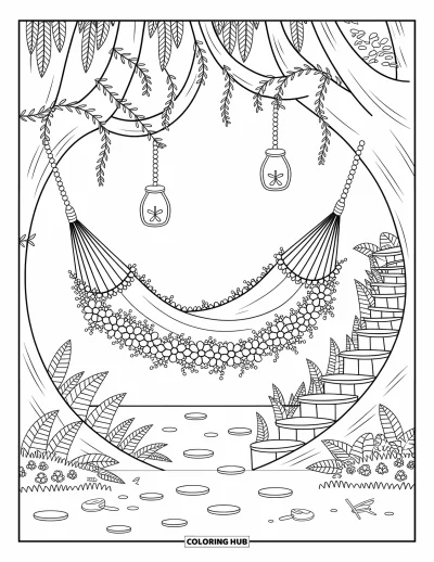 Coloriage de jardin féerique pour adultes : Un recoin forestier paisible avec un hamac fleuri, un escalier en spirale et des bocaux scintillants de lucioles