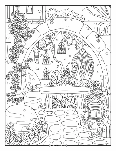 Coloriage de jardin féerique pour adultes : Un recoin de jardin paisible avec des fées, des lanternes et des murs en pierre à motifs