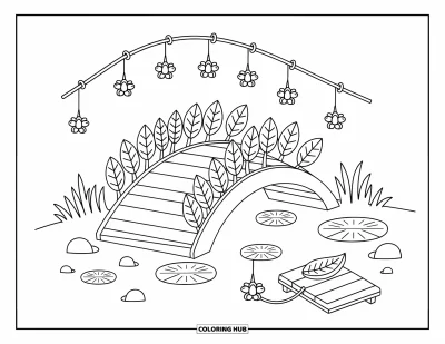 Coloriage de jardin féerique pour adultes : Une scène d'étang sereine avec un pont incurvé, des lanternes fleuries et une barque en forme de feuille