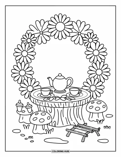 Coloriage de jardin féerique pour adultes : Un charmant goûter sous de grandes marguerites avec des tables en souche et des tabourets en amanite