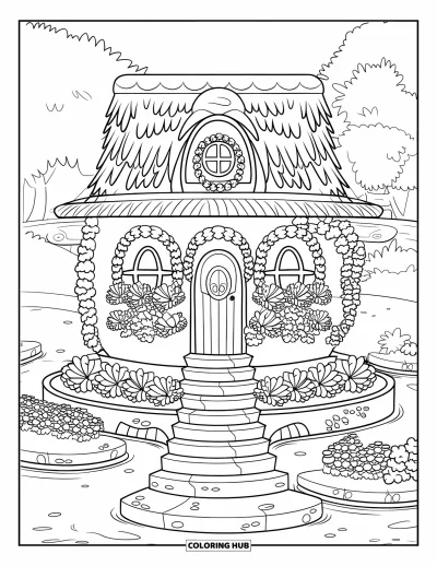 Coloriage de jardin féerique pour adultes : Une maison en tasse à thé se dresse au bord d'un fossé avec des fleurs et des arches de lierre