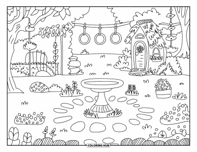 Coloriage de jardin féerique pour adultes : Une petite maison et des arbres entourent un jardin avec un bain d'oiseaux et des panneaux suspendus