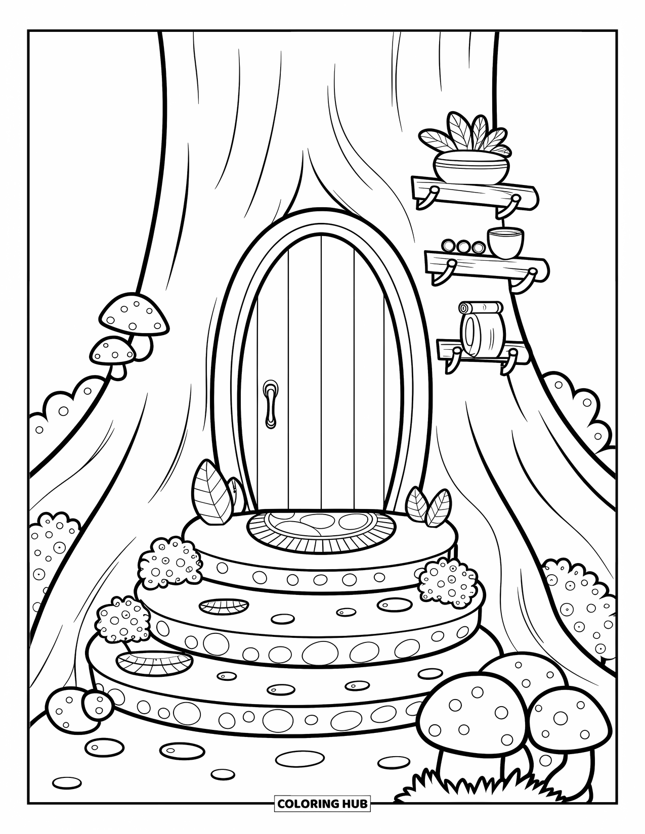 Fairy Garden Coloring Page for Adults: A whimsical door in a tree is surrounded by moss, shelves, and leafy steps