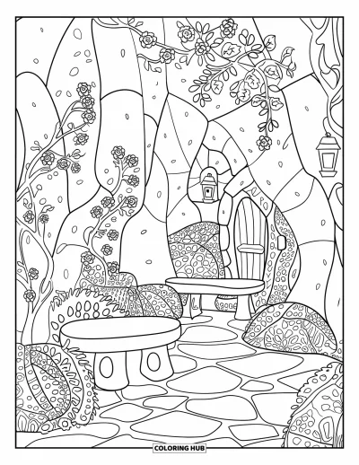 Coloriage de jardin féerique pour adultes : Une porte en bois se cache entre des murs de pierres dans un coin de jardin féerique éclairé par des lanternes