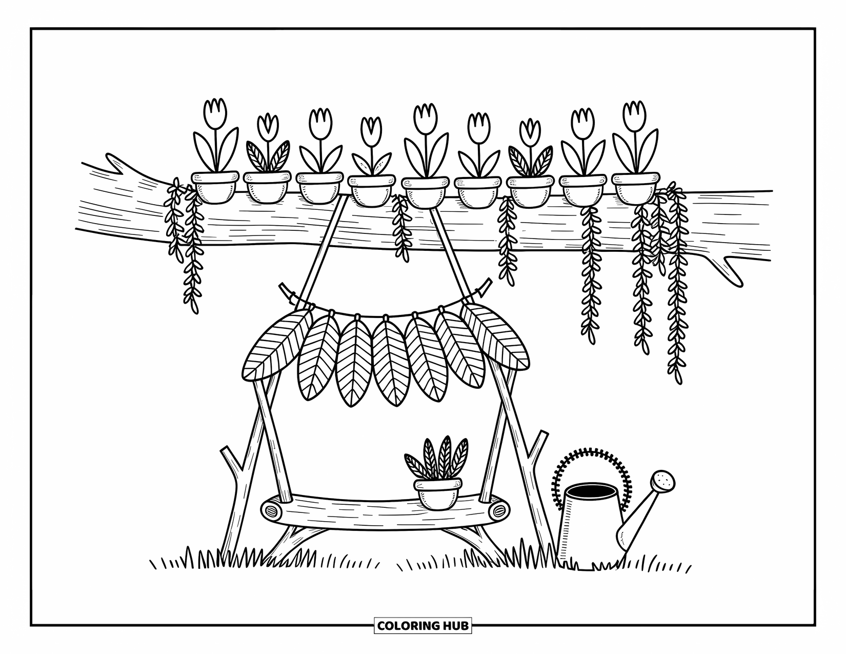 Fairy Garden Coloring Page for Adults: Acorn planters, leafy vines, and a curved bench create a cozy garden in a tree