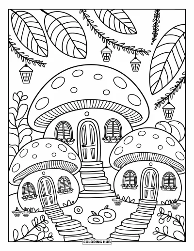 Coloriage de jardin féerique pour adultes : Des maisons de fées nichées dans des champignons avec des volets fleuris et des lanternes de vignes au-dessus