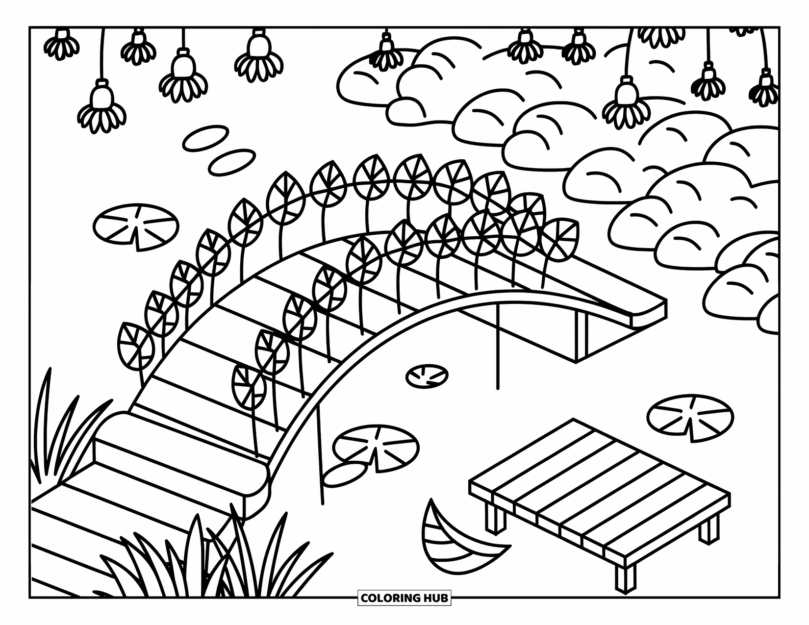Fairy Garden Coloring Page for Adults: Lanterns hang from a bridge over a pond with lily pads and a leaf boat