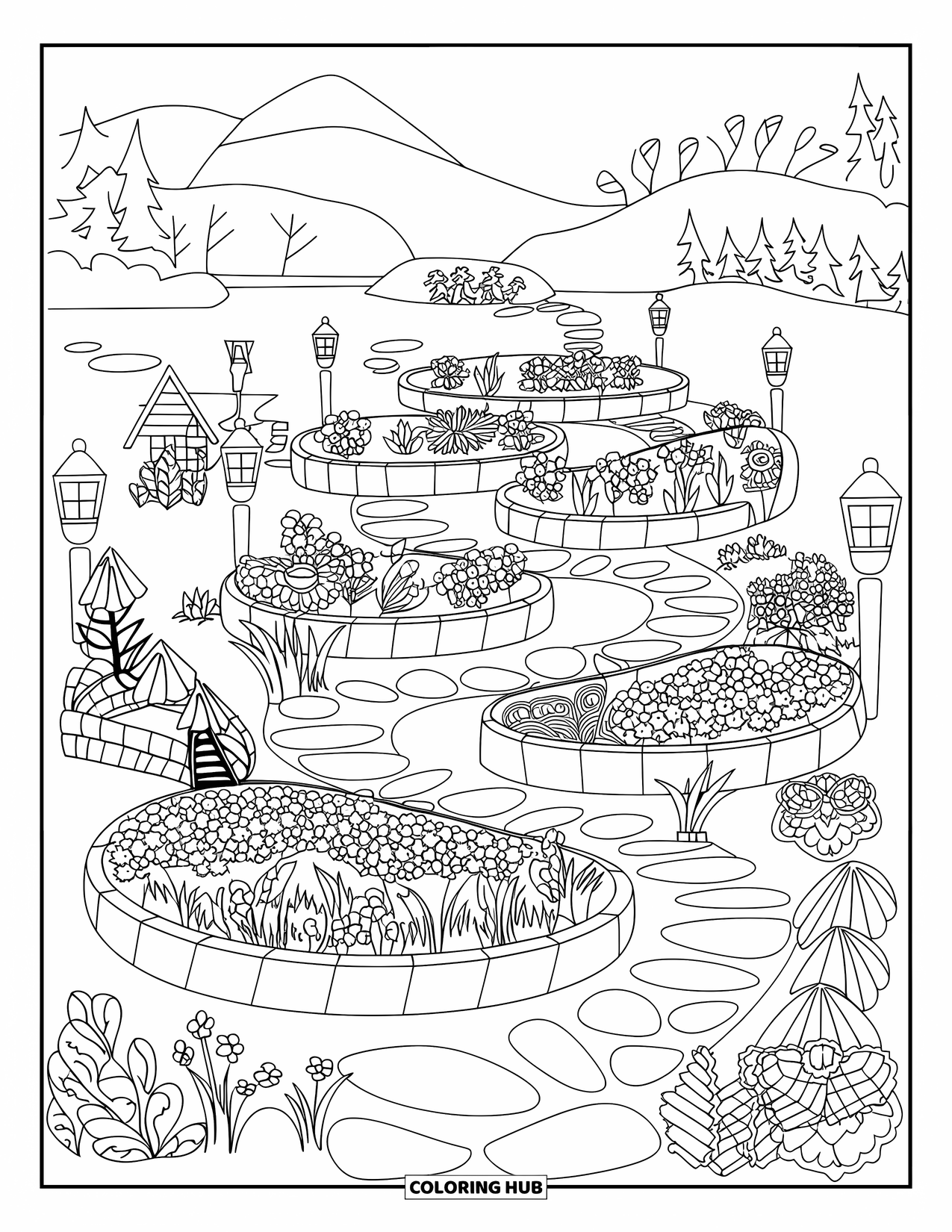 Fairy Garden Coloring Page for Adults: Layered gardens and winding paths surround fairy houses and a peaceful bridge
