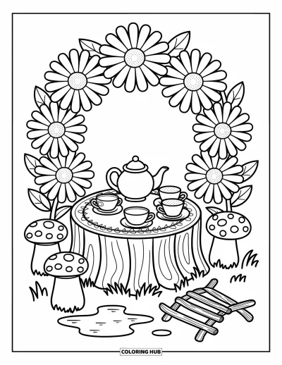 Coloriage de jardin féerique pour adultes : Une scène de goûter miniature avec des tasses en gland, des marguerites au-dessus et un pont en brindilles