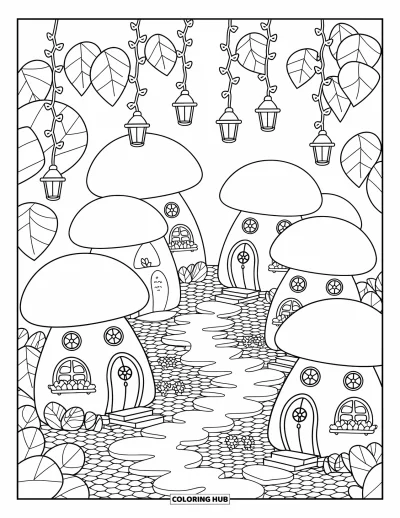 Coloriage de jardin féerique pour adultes : Des maisons en champignons avec des fenêtres fleuries et des chemins de galets forment un village féerique