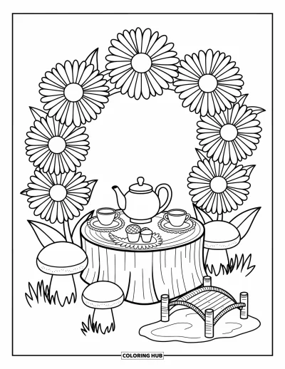 Coloriage de jardin féerique pour adultes : De grandes marguerites ombragent un goûter douillet avec de minuscules tasses et un pont en brindilles