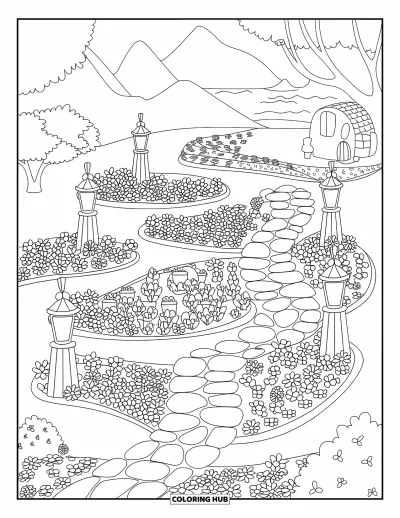 Coloriage de jardin féerique pour adultes : Des chemins de pierres et des parterres de fleurs serpentent dans un jardin féerique avec de petites maisons et des arbres