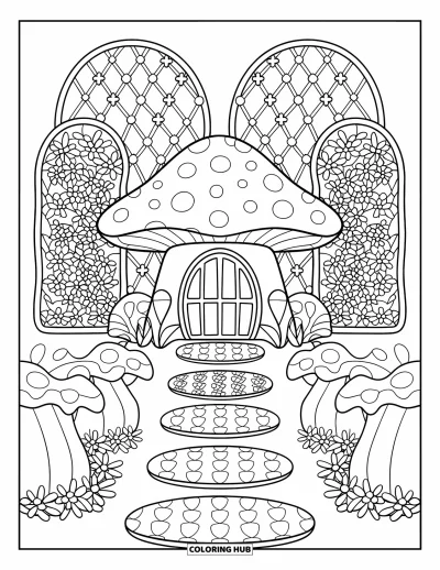 Coloriage de jardin féerique pour adultes : Un jardin de maisons champignons symétrique avec des treillages fleuris et de jolis motifs