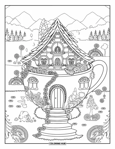 Coloriage de jardin féerique pour adultes : Une maison en tasse à thé entourée de fées, de fleurs et de douces vues sur les montagnes