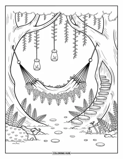 Coloriage de jardin féerique pour adultes : Un hamac de vignes, des bocaux à lucioles et un escalier en spirale animent cette scène forestière chaleureuse