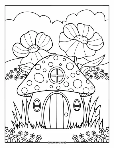 Coloriage de jardin féerique pour enfants : Une maison champignon à grande porte et des fleurs sont installées dans un jardin féerique verdoyant