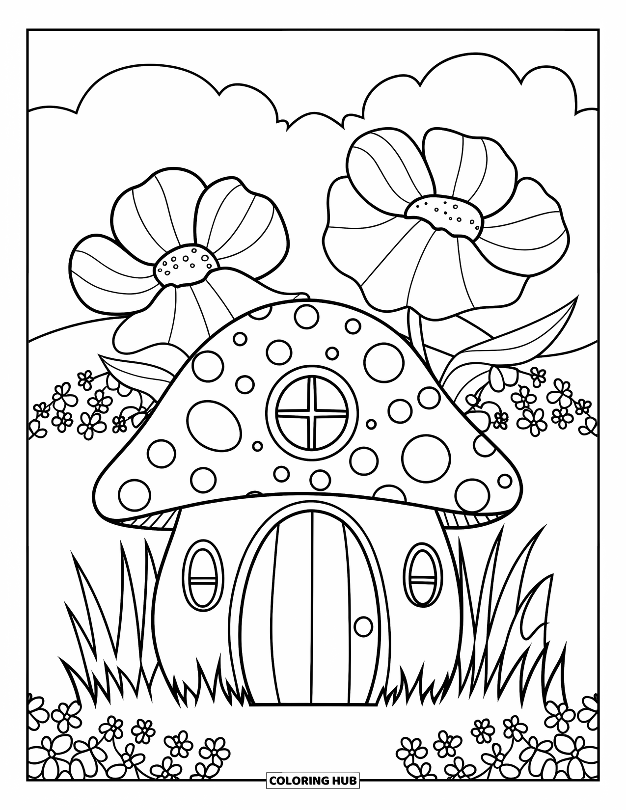 Fairy Garden Coloring Page for Kids: A big-doored mushroom house and flowers sit in a grassy fairy garden