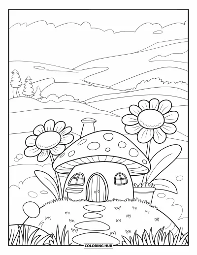 Coloriage de jardin féerique pour enfants : Une maison champignon avec une cheminée est perchée sur une colline herbeuse avec des fleurs et des rochers