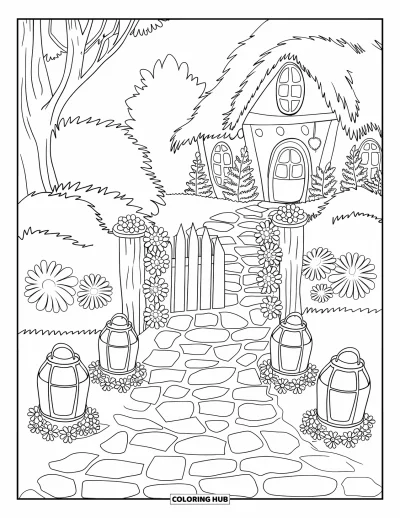 Coloriage de jardin féerique pour enfants : Un chemin en pavés serpente entre des lanternes, des ronds de fleurs et mène à un joli cottage
