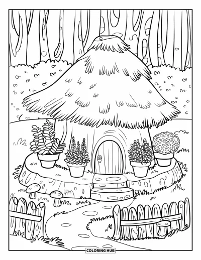 Coloriage de jardin féerique pour enfants : Une charmante maison en souche est installée parmi des herbes en pot, des champignons et de grands arbres forestiers