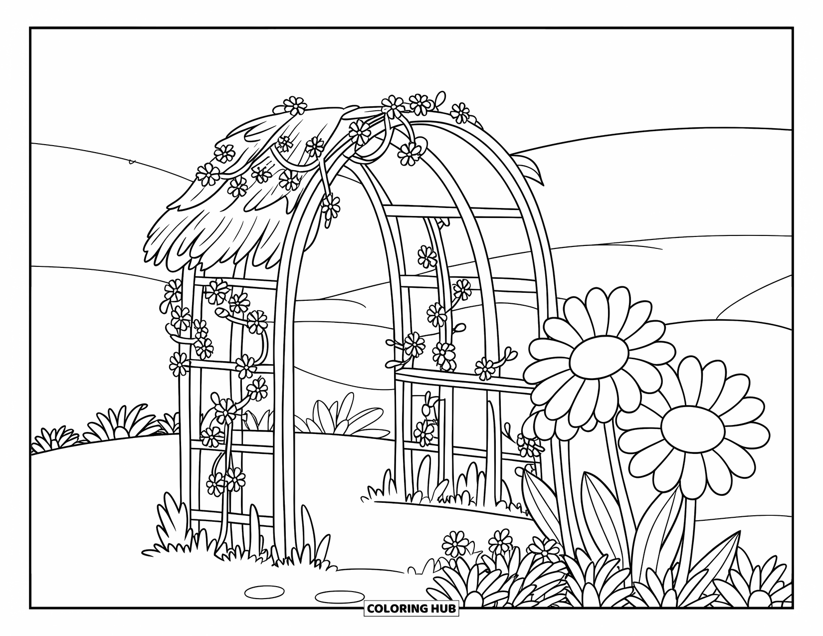 Fairy Garden Coloring Page for Kids: A daisy-topped garden arch sits under a clear sky and rolling hills