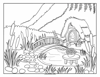 Coloriage de jardin féerique pour enfants : Un pont de jardin féerique enjambe un étang avec une petite maison et une table fleurie