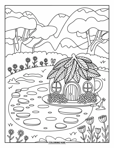 Coloriage de jardin féerique pour enfants : Une maison en tasse à thé de jardin féerique repose au bord d'un étang et de fleurs épanouies