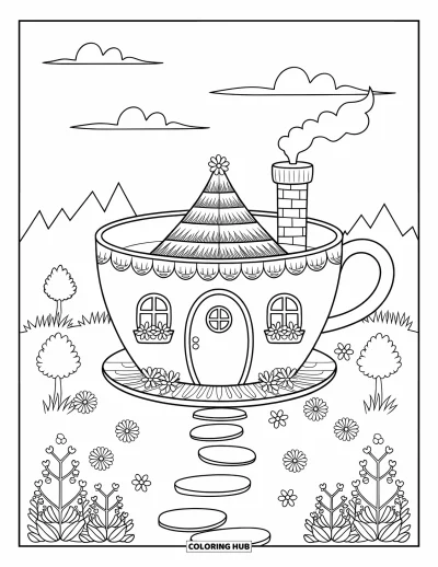 Coloriage de jardin féerique pour enfants : Une maison en tasse à thé de jardin féerique se dresse près de fleurs et d'arbres sous un ciel doux